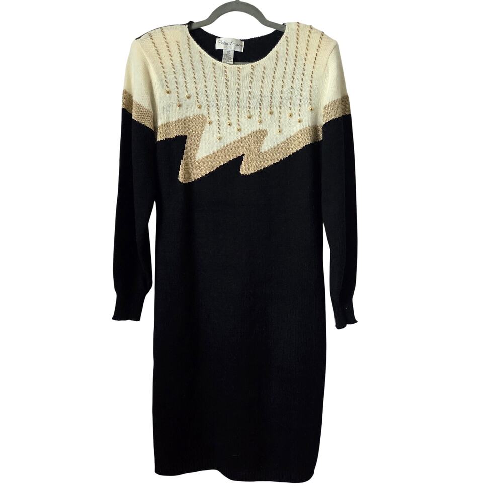 Vintage 90s Betsy Lauren Black Gold Beaded Sweater Dress Retro Womens Large